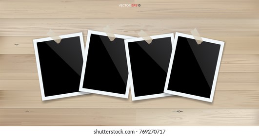 Set of photo frame or picture frame stick on wooden wall background. Vector illustration.