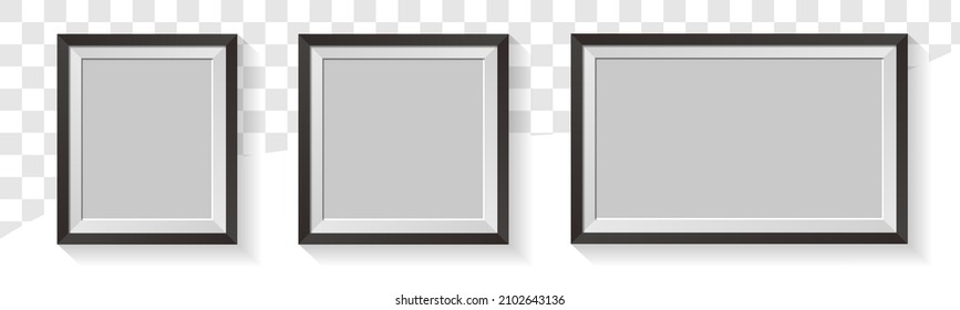 Set of photo frame with shadow and black border isolated on transparent background. Vector illustration.