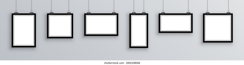 Set photo frame, frame with shadow hanging on gray background, picture frames in different forms - stock vector