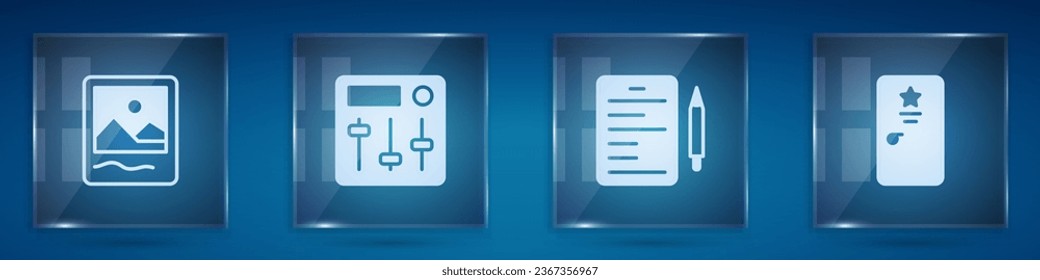 Set Photo frame, Sound mixer controller, Scenario and Backstage. Square glass panels. Vector