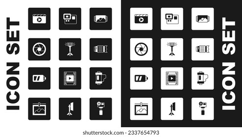 Set Photo frame, Studio light bulb in softbox, Camera shutter, Movie clapper, photo lens, Action extreme camera, film roll cartridge and Battery for icon. Vector