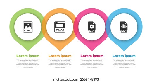 Set Photo frame, Video recorder on laptop, MOV file document and MP3. Business infographic template. Vector