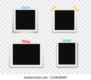 Set of photo frames with adhesive tape in different colors. Photo realistic vector mockups. Pictures on transparent background, retro memory album. Retro photo frame template for your photos. Vector