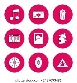 Set Photo frames, American Football ball, Tourist tent, Piece of puzzle, Basketball, Music synthesizer, Popcorn in cardboard box and note, tone icon. Vector