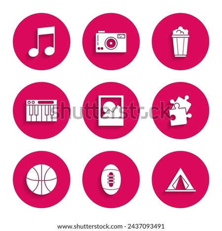 Set Photo frames, American Football ball, Tourist tent, Piece of puzzle, Basketball, Music synthesizer, Popcorn in cardboard box and note, tone icon. Vector