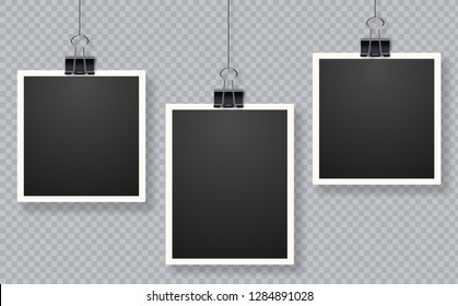 Set of photo frames. Blank photo frame set hanging on a clip. Retro vintage style. Black empty place for your text. Retro realistic vector photo frame placed on transparent background.