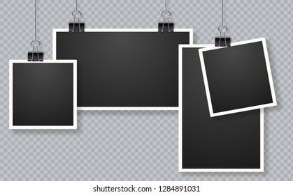 Set of photo frames. Blank photo frame set hanging on a clip. Retro vintage style. Black empty place for your text. Retro realistic vector photo frame placed on transparent background.