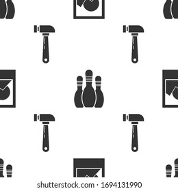 Set Photo frames, Bowling pin and Hammer on seamless pattern. Vector