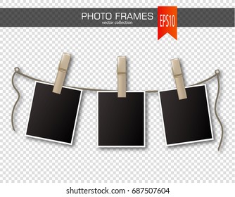 Set of photo frames with clothespin on a transparent background. Vector illustration