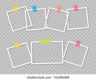 Set of photo frames with colorful sticky tape on transparent background 
