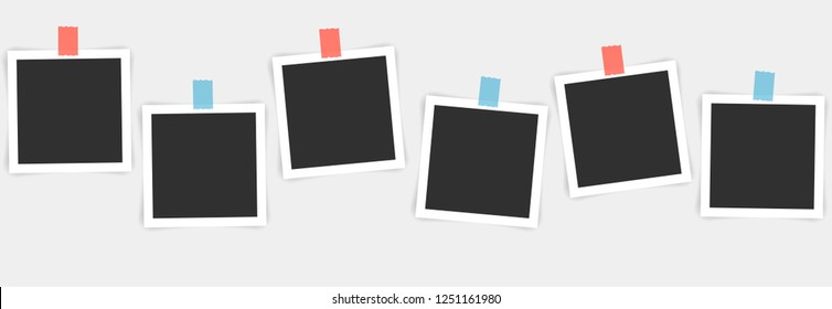 Set of photo frames is glued with a duct tape. Isolated mockup with realistic shadow. Seamless horizontal illustration.
