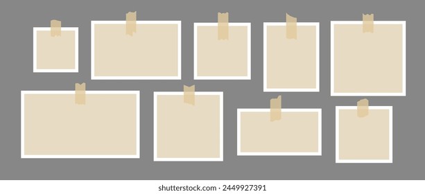 Set of photo frames glued on adhesive tape. Mood board template for mockup, poster design, banner, flyer, brochure. Empty square and rectangle paper note pieces collection. Vector blank memo pack