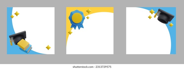 Set of photo frames for graduation 3D style, vector illustration isolated on gray background. Graduation black cap with tassel, stars and medal, designs collection