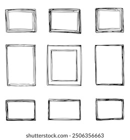 Set of Photo Frames, Hand-Drawn Vector, Graphic Style, Cartoon Illustration, Black and White, Sketch Style, Isolated on White Background