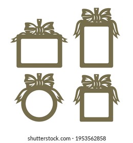 Set of photo frames. Hanging decoration with bow and ribbons. Copy space. For birthday, wedding. Layout for plotter laser cutting of paper, cardboard, plywood, wood, metal, cnc. Vector illustration.