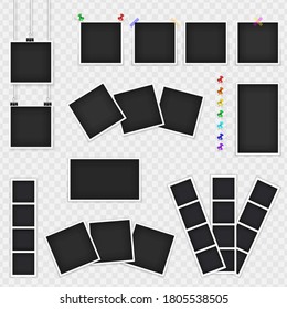 A set of photo frames hanging on clips. Realistic detailed photo template design icon. Vector isolated on transparent background.