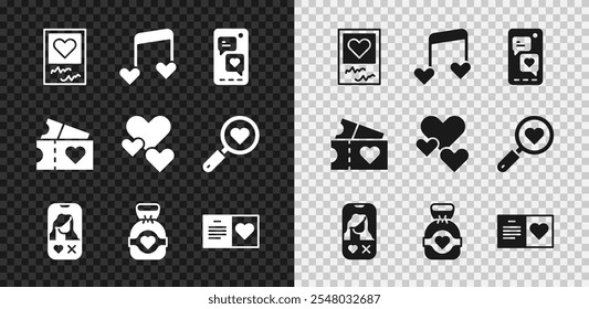 Set Photo frames and hearts, Music note, tone with, Mobile, Dating app online, Chocolate candy, Valentines day party flyer, Love ticket and Heart icon. Vector