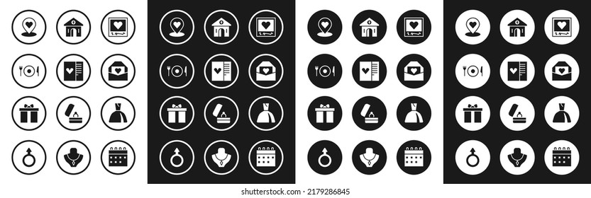 Set Photo frames and hearts, Postcard with, Plate, fork knife, Location, Envelope Valentine, Church building, Woman dress and Gift box icon. Vector