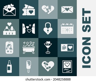 Set Photo frames and hearts, Valentines day party flyer, Calendar with, Broken or divorce, Love at first sight, Couple love, Envelope and Castle the shape of icon. Vector
