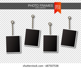 Set of photo frames on the rope on a transparent background . Vector illustration