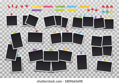 Set of photo frames on sticky tape, pins. Template photo design. Vector illustration.