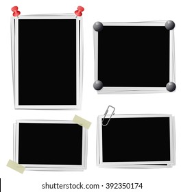 Set of photo frames with pins, pushpins, adhesive tape, clips on white. Vector illustration