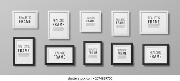 set of photo frames. Realistic square black and white frames, vector set. Blank space for picture, painting, card or photo.