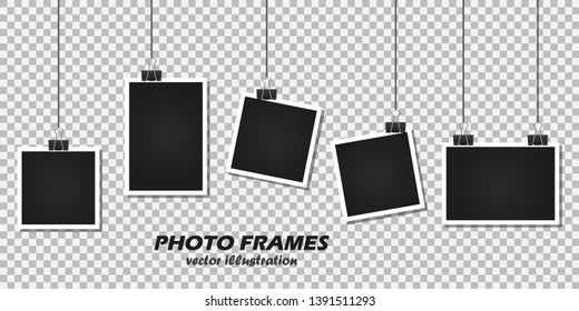 Set of photo frames with stationery clip on a transparent background