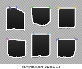 Set of photo frames with torn paper on sticky tape. Blank space for picture, painting, card or photo. Collage of empty photo frames. 