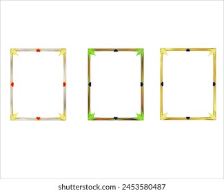 Set of photo frames vector, silver with gold leaf decorations, full gold and decorations, wooden motif decorated with green leaves, all with heart ornaments.