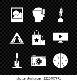 Set Photo frames, Virtual reality glasses, Feather and inkwell, Shovel ground, camera, Basketball ball, Tourist tent and Paper shopping bag icon. Vector