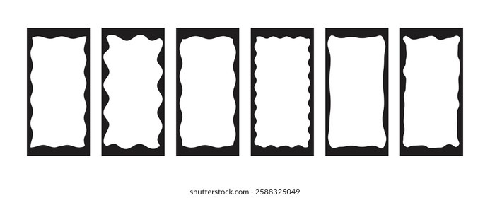 Set of photo or mirror frames with lace wavy edge. Design elements for collage, label, stamp. Scallop, zigzag wavy edges. Vector black illustration isolated on white background. Retro style template.