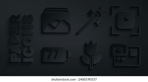 Set Photo mode macro, Camera focus frame line, Battery for camera, Action extreme, retouching and  icon. Vector