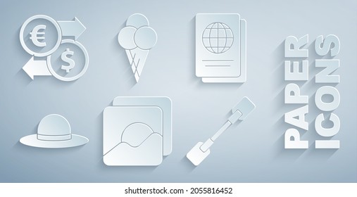 Set Photo, Passport, Elegant women hat, Paddle, Ice cream in waffle cone and Money exchange icon. Vector