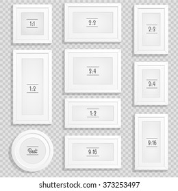 Set of photo or picture frames on checked Background with sharp transparent shadow.
The most popular dimensions for photo or picture, including circular frame. Smartly layered.