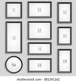 Set of photo or picture frames on checked Background with sharp transparent shadow.
The most popular dimensions for photo or picture, including circular frame. Smartly layered.