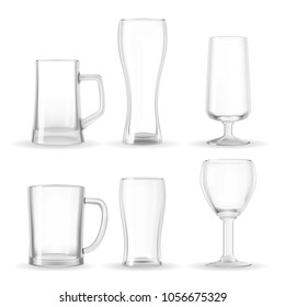 Set of photo realistic beer, juice and water glasses, mugs and a goblet. Transparent vector illustration