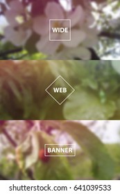 Set of photo realistic blurry vector website banners and backgrounds with nature, flowers and garden scenes.
