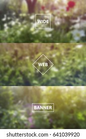 Set of photo realistic blurry vector website banners and backgrounds with nature, flowers and garden scenes.
