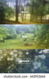 Set of photo realistic blurry vector website banners and backgrounds with nature, forest, trees and garden scenes.