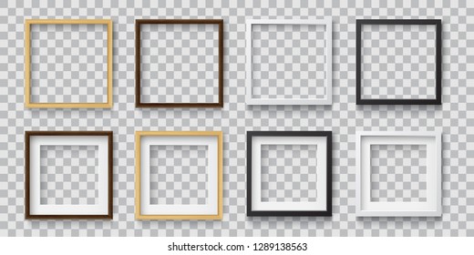 Set of Photo Realistic Square White, Black and Wood Blank Picture Frame, hanging on a Wall from the Front. 
3d mockup isolated on transparent background. 
Graphic style template.
Vector illustration