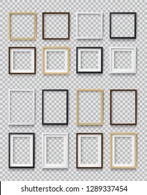 Set of Photo Realistic Square White, Black and Wood Blank Picture Frame, hanging on a Wall from the Front. 
3d mockup isolated on transparent background. 
Graphic style template.
Vector illustration