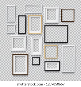 Set of Photo Realistic Square White, Black and Wood Blank Picture Frame, hanging on a Wall from the Front. 
3d mockup isolated on transparent background. 
Graphic style template.
Vector illustration