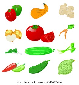 Set of photo realistic vector of ripe and juicy vegetables. Natural product. Isolated elements on white background. Vegetarian healthy food. 