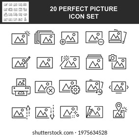 Set of Photo Related Vector Line Icons image. Contains such Icons as Edit, print, next photo, add photo Enhance Image and more. Eps 10 illustration for web.