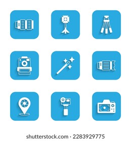 Set Photo retouching, Action extreme camera, Camera photo lens, shutter, Tripod and  icon. Vector