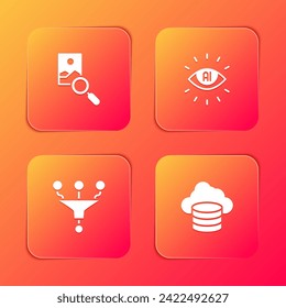 Définir la retouche de photo, intelligence artificielle IA, entonnoir ou filtre et icône de base de données Cloud. Image vectorielle