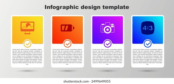 Ajuste el retoque de la foto, la batería para la cámara y el marco 4. Plantilla de infografía de negocios. Vector