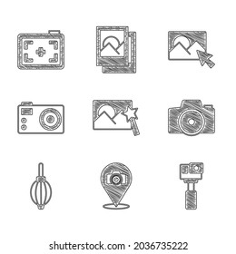 Set Photo retouching, camera, Action, Dust blower,  and  icon. Vector