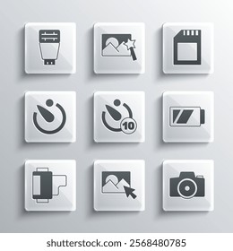 Set Photo retouching, camera, Battery for, Camera timer, roll cartridge, flash and SD card icon. Vector